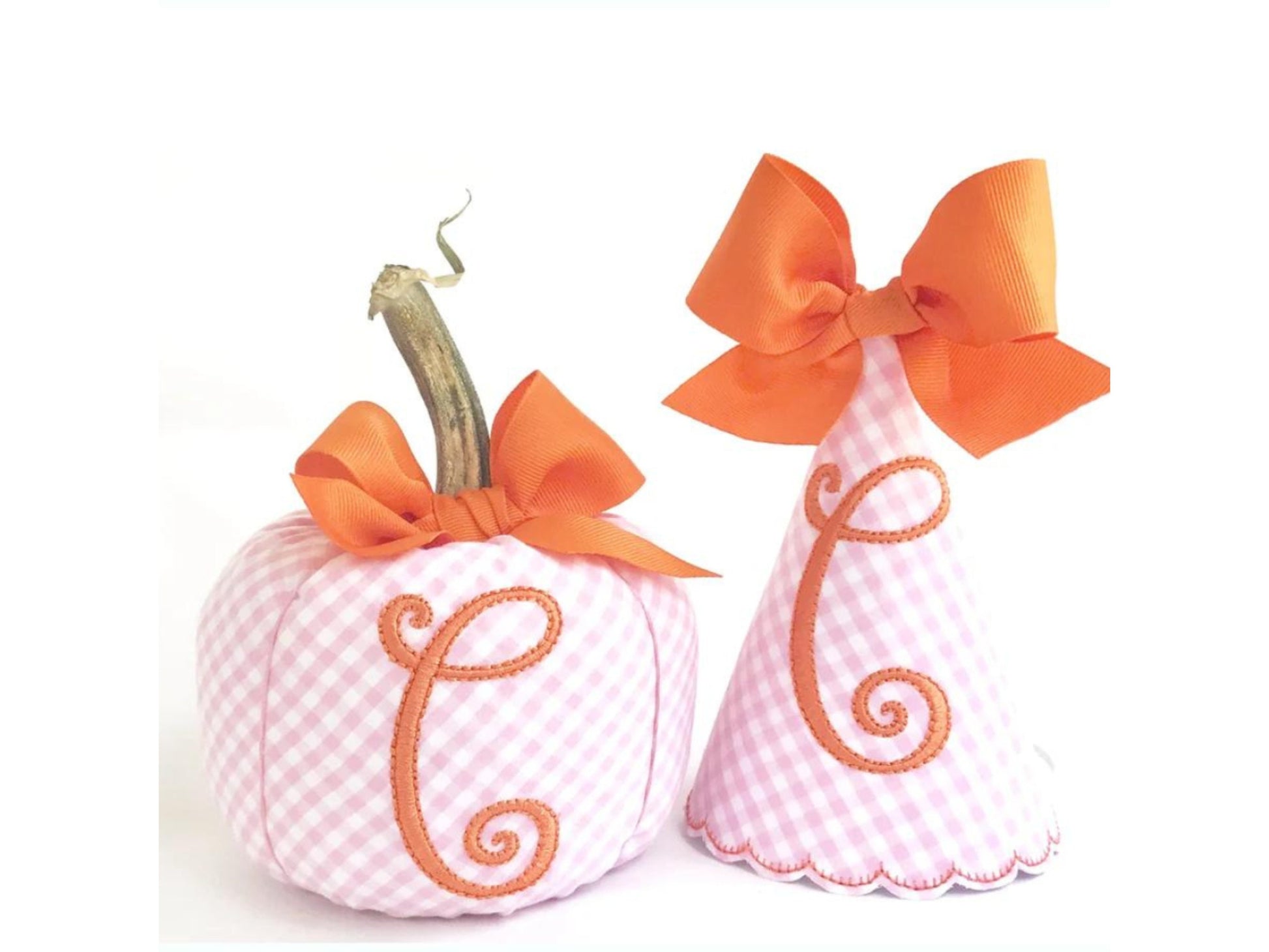 Preppy Pink Gingham Pumpkin Party Set, Personalized Pumpkin, 2 Piece Party Set, Fall Birthday, Pumpkin Birthday Party