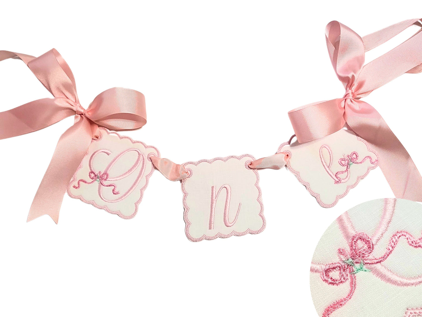 Juliette Ribbon and Roses Highchair Banner I One Banner I Keepsake Birthday Party Bunting I Pink and White Party Decor I Bow Party Banner