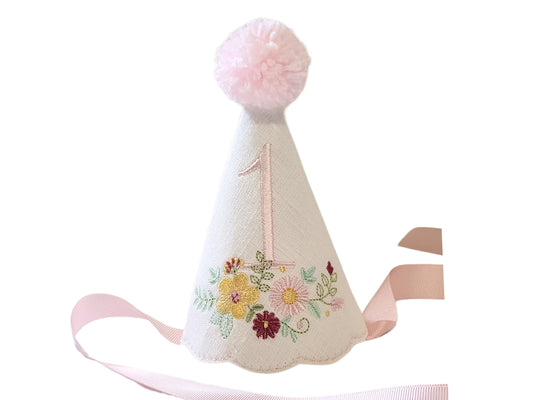 Holly Cottage Floral Party Hat I Keepsake Personalized Daisy Party Hat I Cake Smash Hat I Folk Floral I Baby Girl Birthday Hat