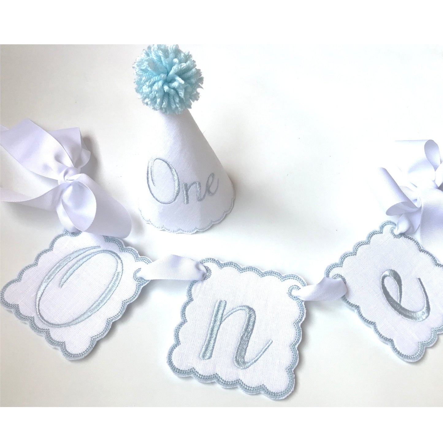 Bliss One Party Hat and Banner Set I Blue and White Birthday Party Set I Baby's 1st Birthday Party Hat I Birthday High Chair Banner